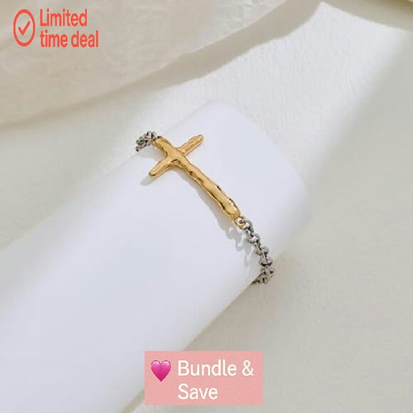 Adjustable Link Chain Bracelet with Textured Cross Pendant for Women - Picture 3 of 8